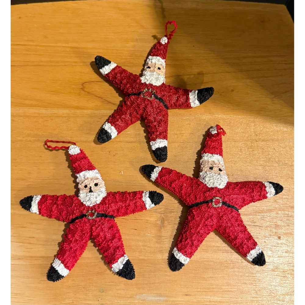 Starfish Ornaments Red Santa Coastal Christmas Holiday Decor Set of 3